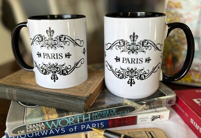 Paris Coffee Cup, French Mug, Fleur de Lys, Ceramic, Black, Classic, Vintage, Romantic, Parisienne, Travel Souvenir, Gift, 11oz, 15 oz - image1